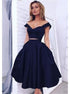 V Neck Two Pieces Knee Length Satin Navy Blue Prom Dress LBQ1755